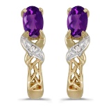 Certified 14k Yellow Gold Oval Amethyst And Diamond Earrings 0.37 CTW