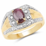 14K Yellow Gold Plated 1.03 Carat Genuine Ruby and White Diamond .925 Sterling Silver Ring