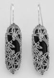 Antique Victorian Style Black Onyx Floral Filigree Earrings - Sterling Silver