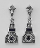 Art Deco Style Genuine Sapphire and CZ Filigree Earrings - Sterling Silver