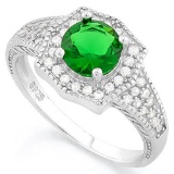 1 1/5 CARAT CREATED EMERALD & 2/5 CARAT (40 PCS) FLAWLESS CREATED DIAMOND 925 STERLING SILVER HALO R