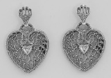 Victorian Style Diamond Filigree Heart Shaped Earrings - Sterling Silver