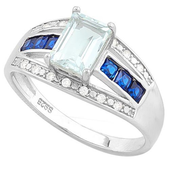 AQUAMARINE & (38 PCS) FLAWLESS CREATED DIAMOND 925 STERLING SILVER RING