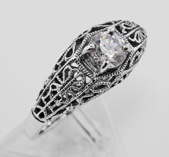 Cubic Zirconia Filigree Ring - Sterling Silver