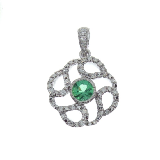 Certified 14k White Gold Emerald Diamond Circle Pendant 0.49 CTW