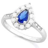 CREATED BLUE SAPPHIRE 925 STERLING SILVER HALO RING