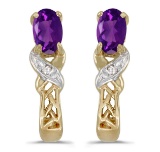 Certified 10k Yellow Gold Oval Amethyst And Diamond Earrings 0.37 CTW