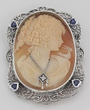 Victorian Style Hand Carved Italian Shell Cameo Diamond Pin or Pendant
