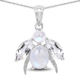 7.43 Carat Genuine White Rainbow Moonstone, Crystal Quartz and White Topaz .925 Sterling Silver Pend