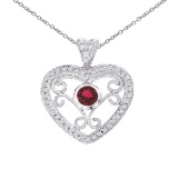 Certified 14k White Gold Heart Shaped Filigree Ruby and Diamond Pendant 0.29 CTW