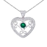 Certified 14k White Gold Heart Shaped Filigree Emerald and Diamond Pendant 0.29 CTW
