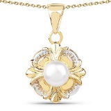 14K Yellow Gold Plated 1.00 Carat Genuine Pearl .925 Sterling Silver Pendant