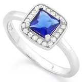 1 1/2 CARAT CREATED BLUE SAPPHIRE & 1/5 CARAT (20 PCS) FLAWLESS CREATED DIAMOND 925 STERLING SILVER