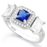 IDEAL CREATED BLUE SAPPHIRE 925 STERLING SILVER HALO RING