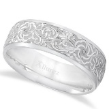 Hand-Engraved Flower Wedding Ring Wide Band 14k White Gold (7mm)