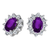 Certified 10k White Gold Oval Amethyst and .25 total CTW Diamond Earrings 0.9 CTW