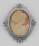 Victorian Style Floral Handcarved Italian Cameo Pin Pendant Sterling Silver