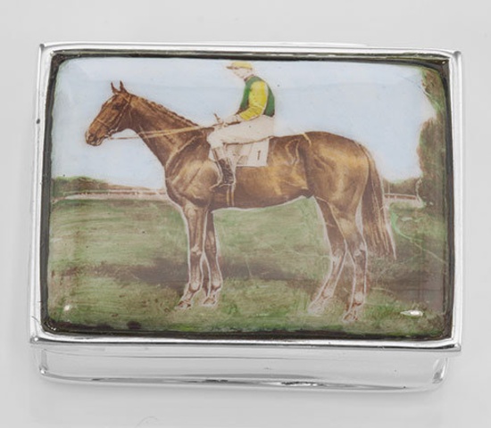 Jockey / Horse Sterling Silver Pillbox w/ Porcelain Top