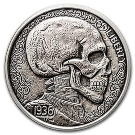 1 oz Silver Antique Round Hobo Nickel Replica (Skulls & Scrolls)