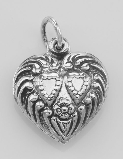 Antique Style Double Heart Charm or Pendant - Sterling Silver
