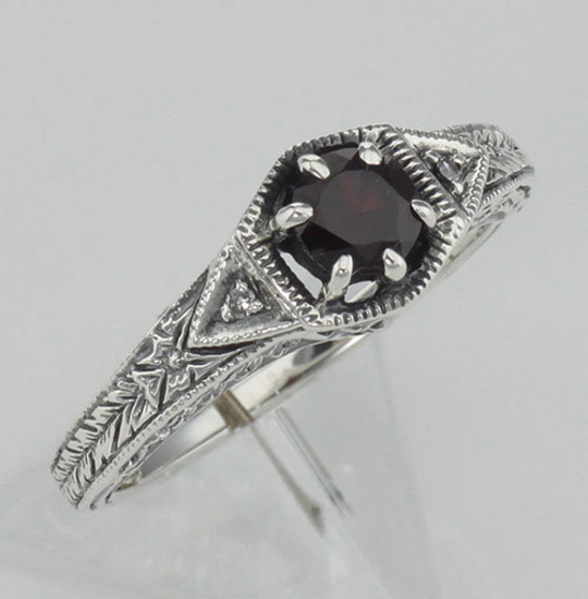 Antique Style Genuine Red Garnet Filigree Ring w/ 2 Diamonds - Sterling Silver