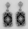 Victorian Style Black Onyx / Diamond Filigree Earrings - Sterling Silver