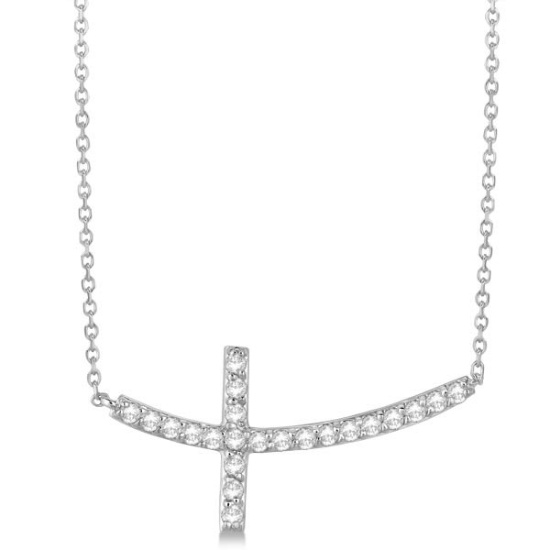 Diamond Sideways Curved Cross Pendant Necklace 14k White Gold 0.75 ct