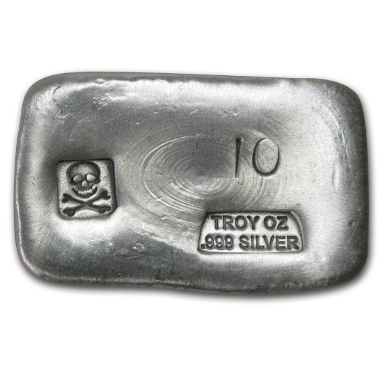 10 oz Silver Bar - Skull & Bones (PG&G)