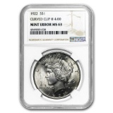 1922 Peace Dollar MS-63 NGC (Curved Clip Planchet Mint Error)