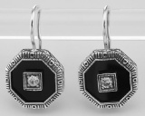 Unique Art Deco Black Onyx and CZ Filigree Earrings - Sterling Silver