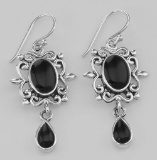 Beautiful Antique Style Black Onyx Dangle Earrings - Sterling Silver