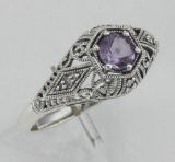 Art Deco Style Amethyst Filigree Ring w/ 4 Diamonds - Sterling Silver