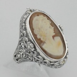 Hand Carved Italian Shell Cameo / Onyx Filigree Flip Ring - Sterling Silver