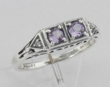 Art Deco Style Amethyst Filigree Ring w/ 2 Diamonds - Sterling Silver
