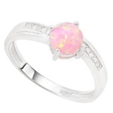 2/5 CARAT CREATED PINK FIRE OPAL & GENUINE DIAMONDS 925 STERLING SILVER RING