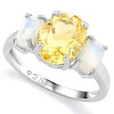 1 4/5 CARAT GOLDEN CITRINE & 1 4/5 CARAT CREATED FIRE OPAL 925 STERLING SILVER RING