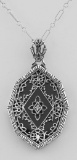Victorian Style Black Onyx Filigree Diamond Pendant with chain - Sterling Silver