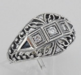 Art Deco Style CZ / Genuine Blue Sapphire Filigree Ring Sterling Silver