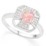 2/5 CARAT CREATED PINK FIRE OPAL & GENUINE DIAMONDS 925 STERLING SILVER RING