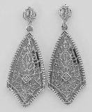 Beautiful Art Deco Diamond Filigree Drop Earrings - Sterling Silver