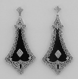 Art Deco Style Black Onyx Filigree Earrings with Diamond - Sterling Silver