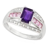 0.96 CT AMETHYST & 6PCS CREATED PINK SAPPHIRE 925 STERLING SILVER RING