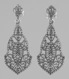 Victorian Style Diamond Filigree Drop Earrings - Sterling Silver