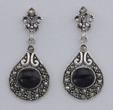 Victorian Style Black Onyx and Marcasite Earrings - Sterling Silver