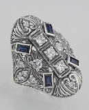 CZ / Sapphire Filigree Ring - Art Deco Style - Sterling Silver