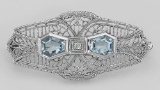 Victorian Style Blue Topaz Filigree Pin - Brooch - Sterling Silver
