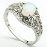 0.65 CT CREATED FIRE OPAL & 2 PCS WHITE DIAMOND 0.925 STERLING SILVER W/ PLATINUM RING