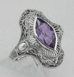 Art Deco Style Genuine Amethyst Filigree Ring - Sterling Silver