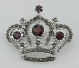 Marcasite / Garnet Crown Pin / Brooch - Sterling Silver