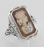 Italian Hand Carved Cameo w/ Diamond / Onyx Flip Ring - Sterling Silver